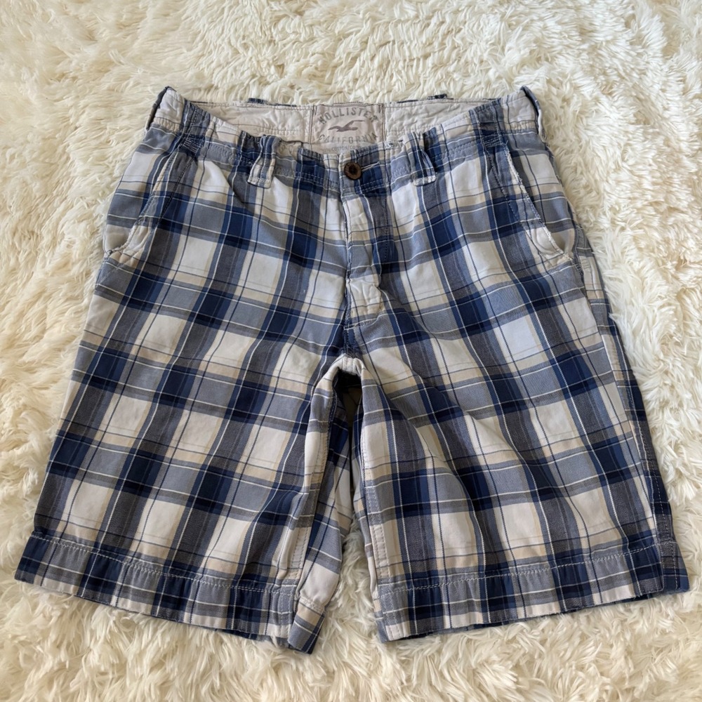 Hollister California Mens Blue White Plaid Cotton Flat Front Shorts Size 30